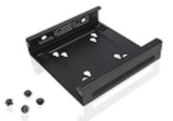 Black metal mounting bracket with multiple holes for screws, designed for secure attachment, accompanied by several black screws.
