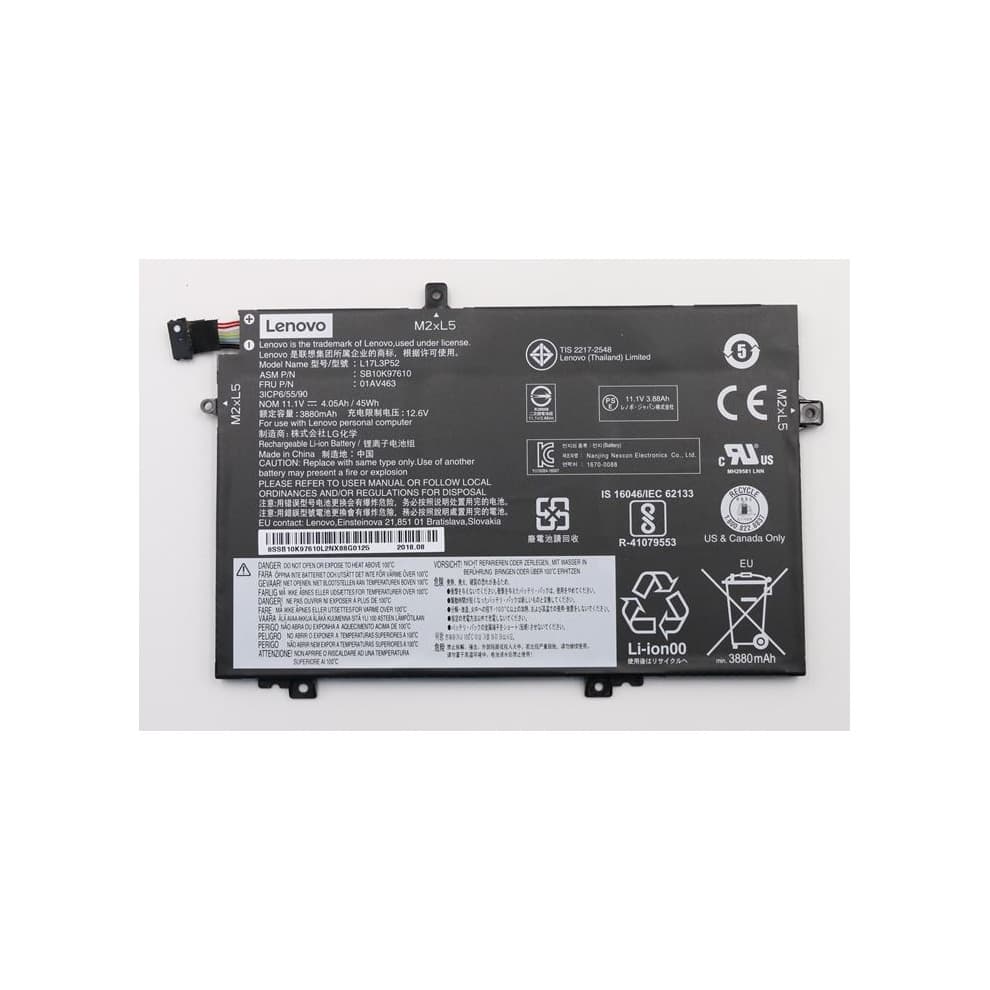 Lenovo Main Battery Pack in black, featuring a 11.1V, 3880mAh capacity, with various certification logos and technical specifications printed on the surface.