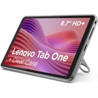 Lenovo Tab One tablet with 8.7" HD+ display, silver body, and clear case, standing on a built-in kickstand.