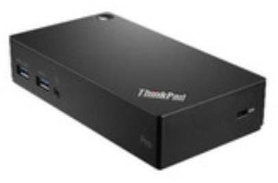 Black Lenovo ThinkPad USB 3.0 Pro Dock with multiple USB ports, a sleek rectangular design, and a matte finish, ideal for connecting devices and enhancing productivity.