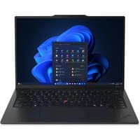 Black Lenovo ThinkPad X1 Carbon Gen 13 laptop, 14" touchscreen, sleek design, Windows 11 Pro interface displayed.