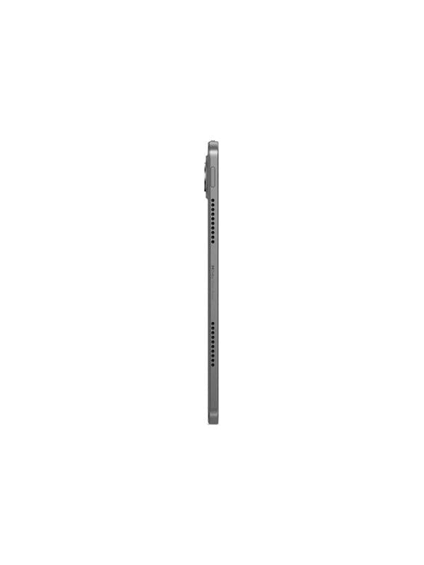 Lenovo Yoga Tab in grey, showcasing a sleek profile with a thin design, featuring ports and speaker grilles along the side, ideal for portable use.