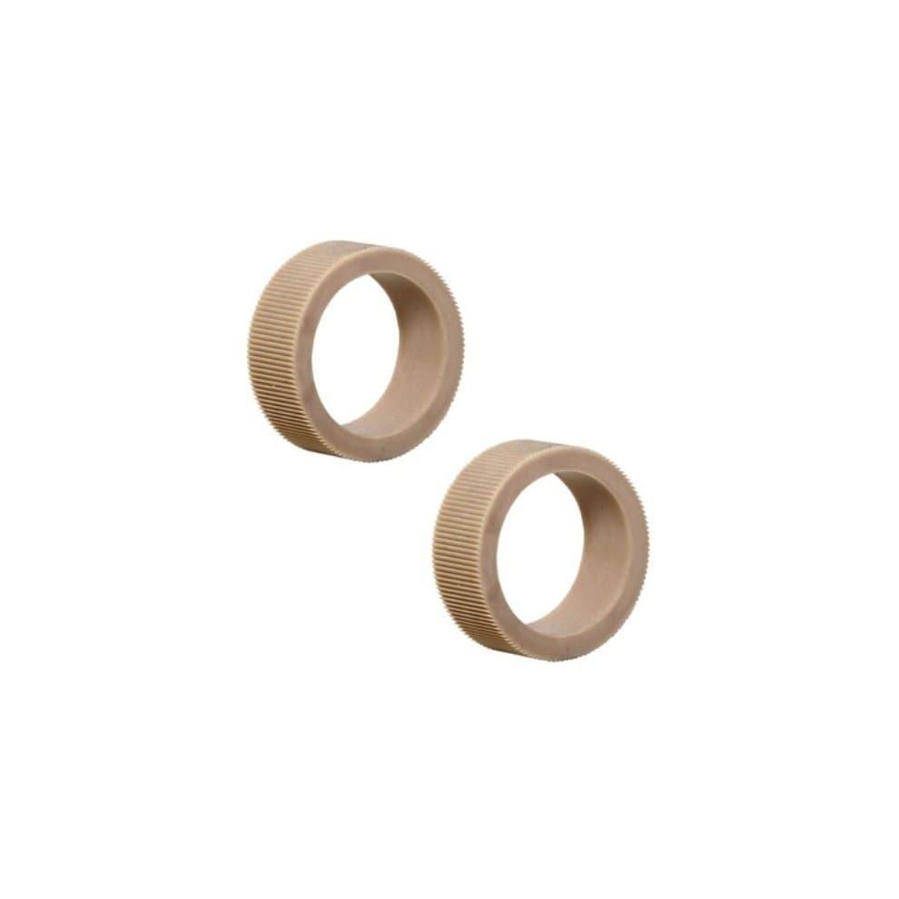 Two beige printer/scanner rollers with a textured surface and circular shape, designed as spare parts for Lexmark devices, showcasing a durable plastic material.