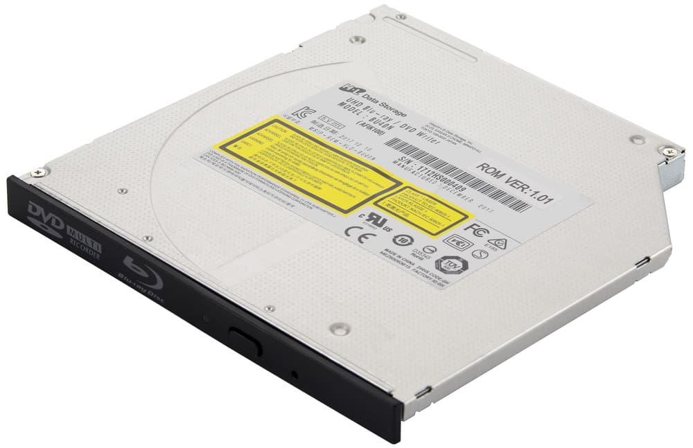 LG Ultra-Slim Internal Blu-ray BD-RW drive in a white casing with a black front panel, featuring a disc tray and various technical labels on the back.