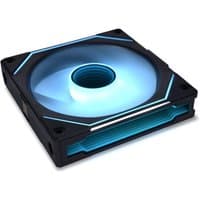 Black Lian Li Uni Fan SL-INF 12 cm computer case fan with blue LED lighting and sleek design.