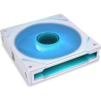 White Lian Li Uni Fan SL-INF 12 cm computer case fan with blue LED lighting and sleek angular design.