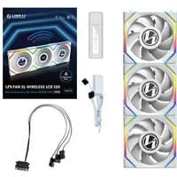 White Lian Li UNI FAN SL Wireless LCD 120mm computer case fans, 3-pack, with RGB lighting and accessories.