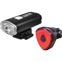 Black Lighthouse Elite LED cycle light set with clear front light and red triangular rear light.