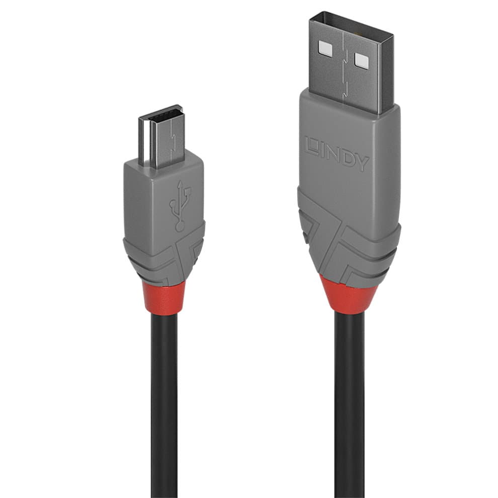 Black USB 2.0 cable, 0.20 m long, featuring a USB-A connector on one end and a Mini-B connector on the other, with gray and red detailing on the connectors.