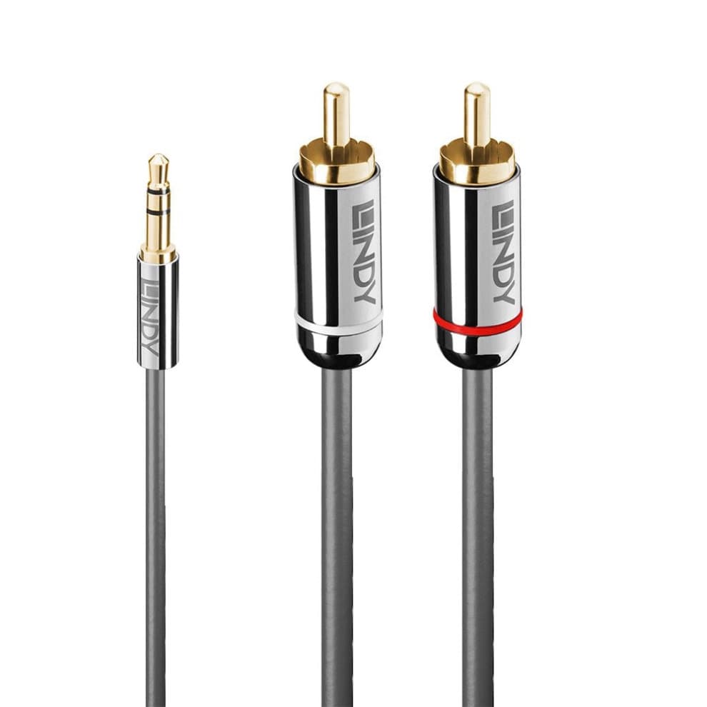 Lindy 0.5m audio cable featuring a 3.5mm jack on one end and two gold-plated phono connectors on the other, with a sleek black and silver design.