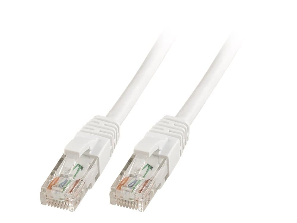White CAT 6 U/UTP network patch cable, 0.50 meters long, featuring transparent connectors with visible wiring and green arrows indicating cable direction.