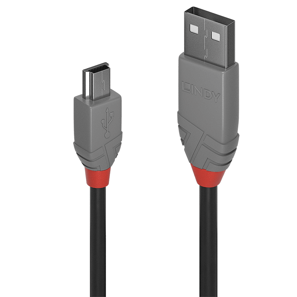 USB 2.0 cable featuring a black and grey design with red accents, connecting USB-A to Mini-B, measuring 0.50 meters in length.
