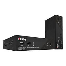 Black dual head HDMI, USB, and RS-232 extender by Lindy, featuring multiple ports and a sleek design, ideal for extending connections up to 100 meters.