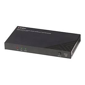 Black metal HDBaseT transmitter with a sleek design, featuring LED indicators, USB port, and ventilation slots, designed for 4K60 audio and IR/RS-232 transmission.