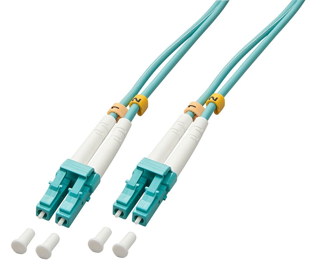 Lindy 15m LC-LC OM3 50/125 fibre optic patch cable in teal with two connectors, featuring white housings and yellow strain reliefs, accompanied by four protective caps.