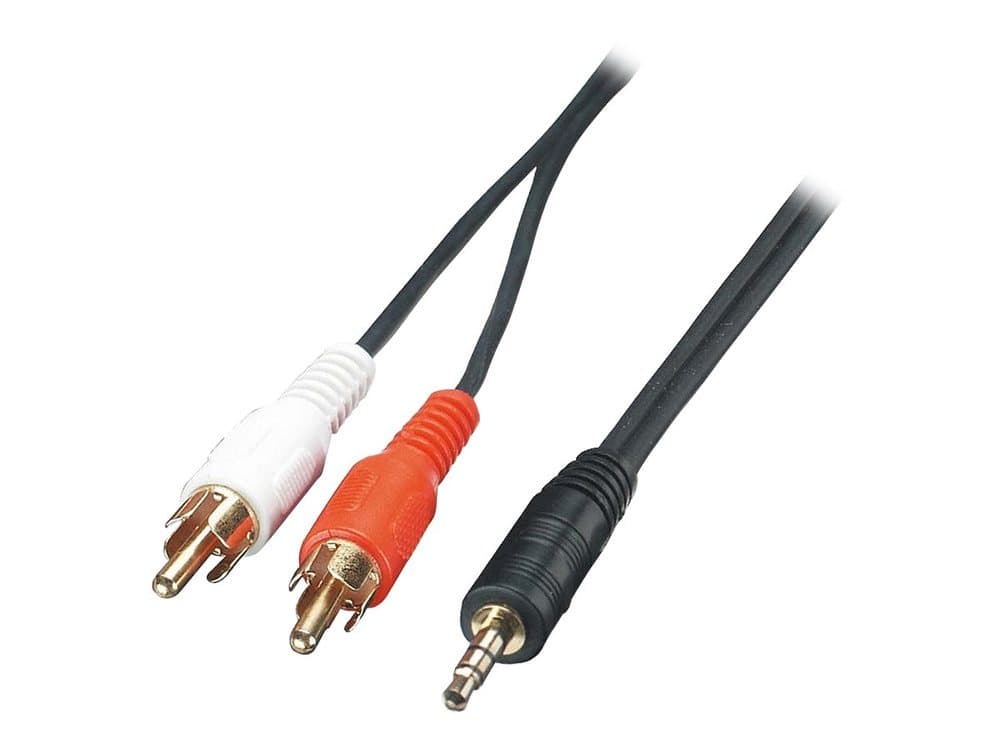 Premium 1m phono to 3.5mm cable featuring red and white RCA connectors with gold plating, and a black 3.5mm jack, designed for high-quality audio connections.