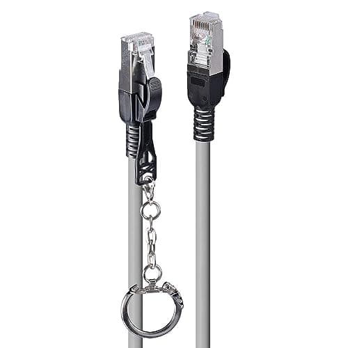 Grey 20m CAT 6A S/FTP network cable with two RJ45 connectors, featuring a secure clip mechanism and a keychain loop for easy storage.