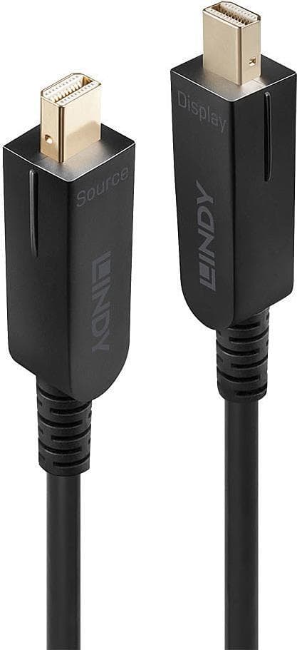Black 30m Fibre Optic Hybrid Mini DisplayPort 1.4 cable with detachable connectors, featuring gold-plated ends and clear labeling for 'Source' and 'Display'.
