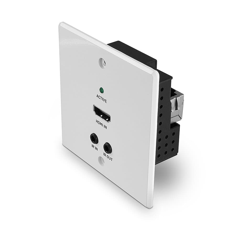 White wall plate extender with HDMI, IR input/output, and a green LED indicator, designed for 4K60 resolution and compatible with Cat.6 cables, featuring a sleek, modern design.