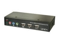 Black KVM switch with multiple ports, including audio jacks and USB connections, featuring a sleek, compact design ideal for connecting multiple computers.