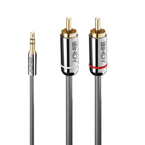 Lindy 3m audio cable featuring a 3.5mm jack on one end and dual phono connectors on the other, with a sleek black cable and gold-plated connectors for optimal sound quality.