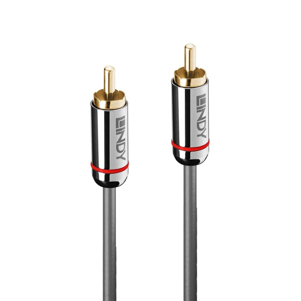 3m Lindy Digital Phono Audio Cable in black with gold-plated RCA connectors, featuring a sleek chrome finish and red accents on the connectors for enhanced durability and style.