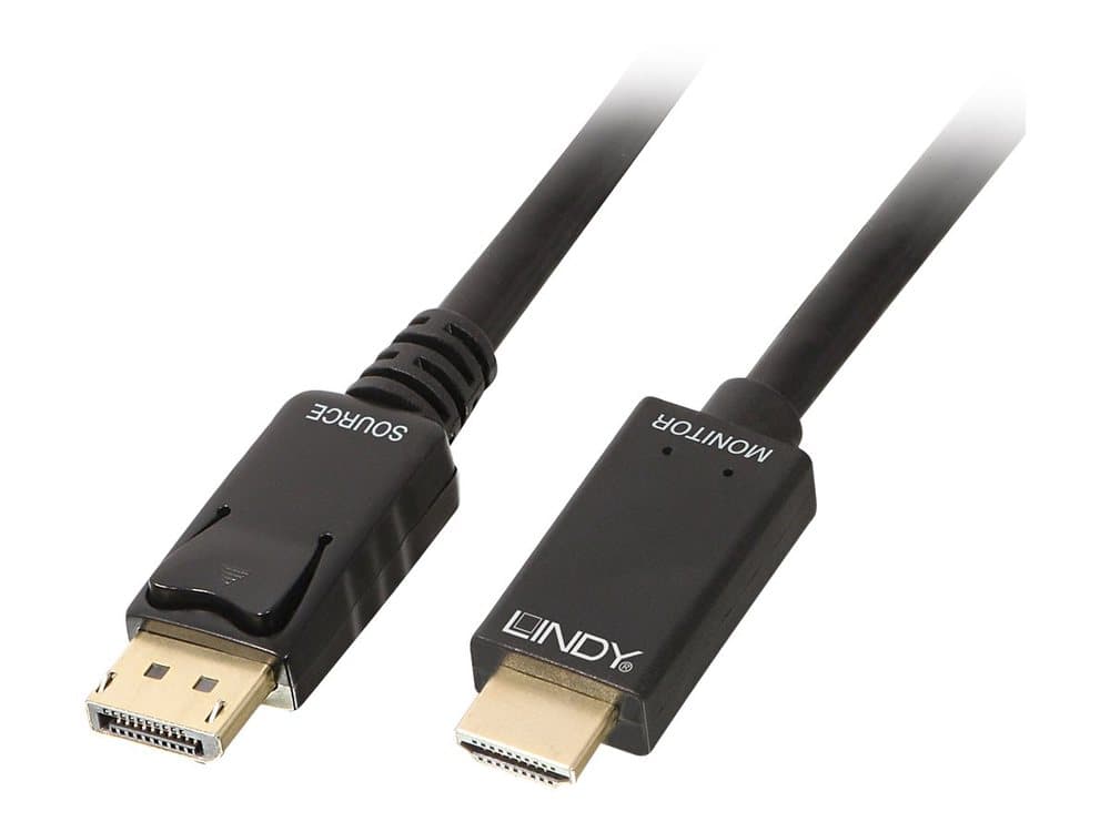 Black 3m DisplayPort to HDMI cable with a sturdy design, featuring a DisplayPort connector on one end and an HDMI connector on the other, labeled with the Lindy logo.