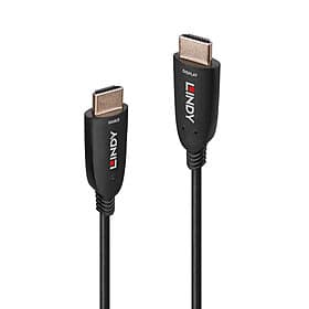 Black 50m HDMI cable featuring gold-plated connectors, labeled with "LINDY" logo, designed for 8K UHD compatibility with HDMI-a plugs on both ends.