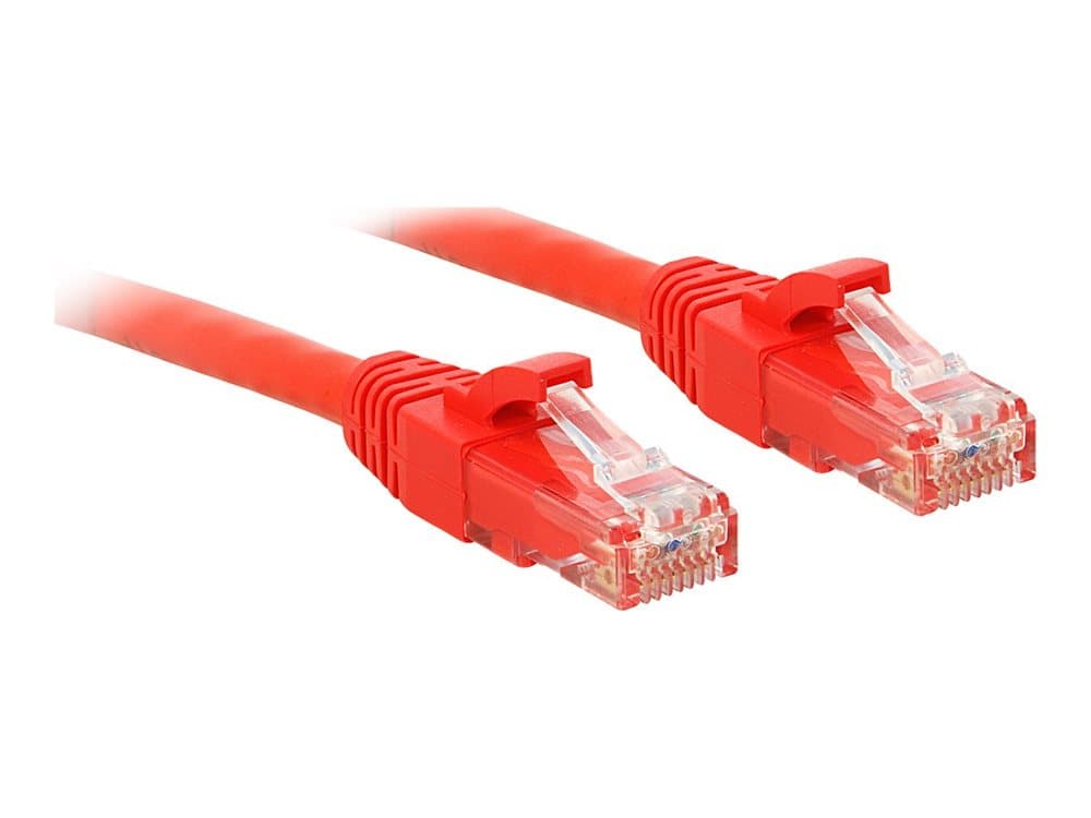 Red 5m Cat.6 U/UTP Ethernet cable with clear plastic connectors, featuring locking tabs on each end for secure connections.