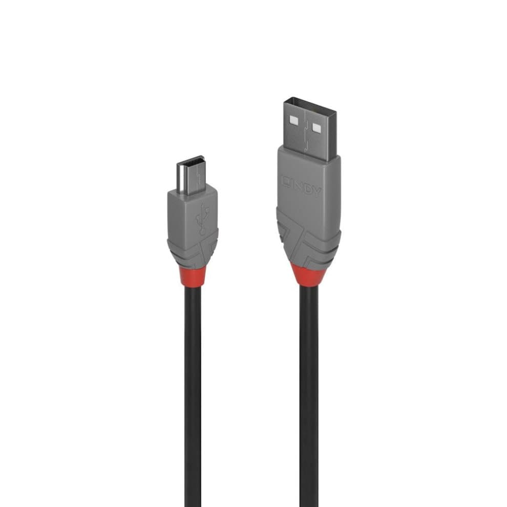 Black 5m USB 2.0 cable featuring a USB-A connector on one end and a Mini-B connector on the other, with gray and red accents on the connectors.