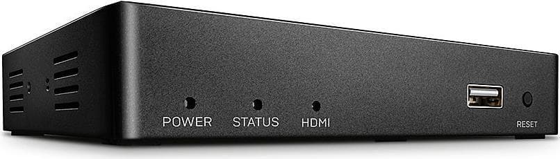 Lindy KVM Over IP Extender transmitter in black metal casing, featuring power, status, HDMI ports, and a USB connection, with ventilation slots on the sides.