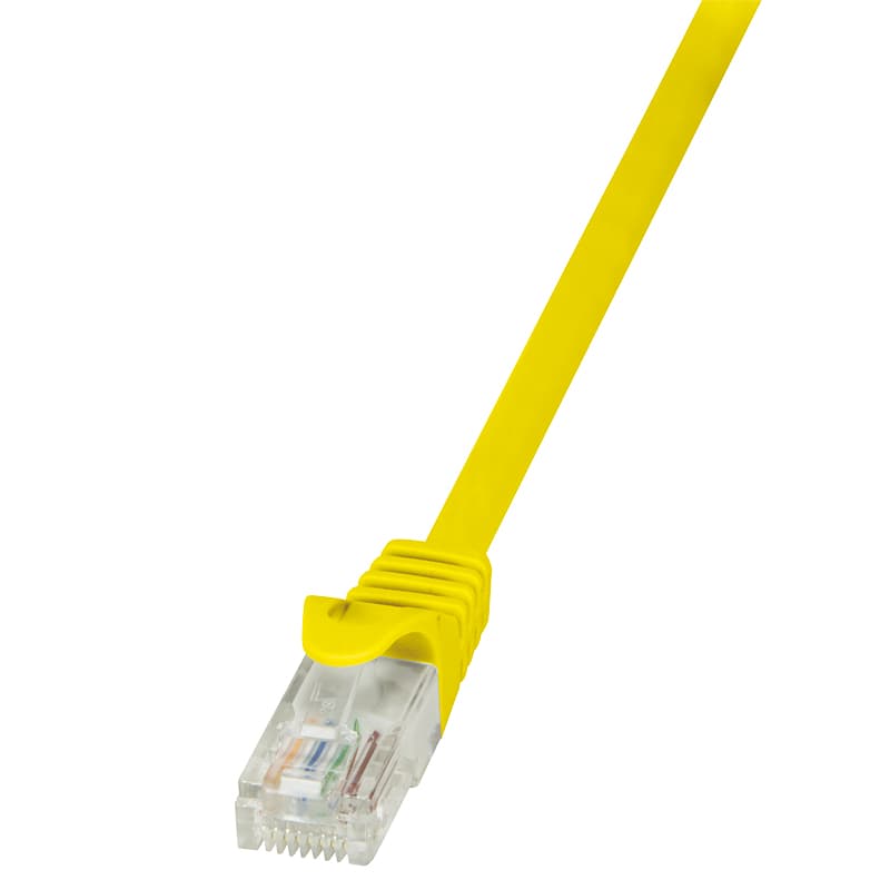 Yellow 1.5m Cat.6 U/UTP networking cable with a clear plastic connector, featuring eight color-coded wires for high-speed data transmission.
