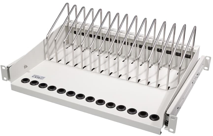 White metal sliding shelf with multiple wire dividers for notebooks, tablets, and smartphones, featuring a smooth surface and several circular openings for cable management.