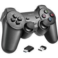 Black LogiLink 2.4G wireless controller with dual joysticks, D-pad, four colored buttons, and USB receiver.