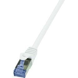 White LogiLink 50m Cat.6A 10G S/FTP networking cable with a transparent blue connector, designed for high-speed data transmission.