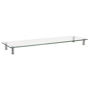 Transparent glass monitor riser with chrome legs, featuring a sleek, minimalist design and adjustable height for ergonomic PC setup.