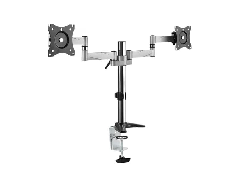 Black LogiLink BP0077 monitor mount with dual adjustable arms, sturdy metal construction, and a clamp base for desk attachment, supporting screens up to 27 inches.