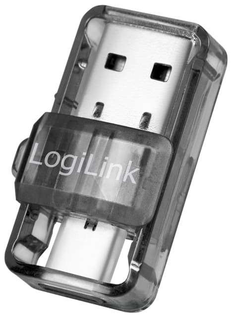 Compact black LogiLink BT0054 Bluetooth 5.0 dongle with a transparent protective casing and USB connector, designed for network and WiFi connectivity.