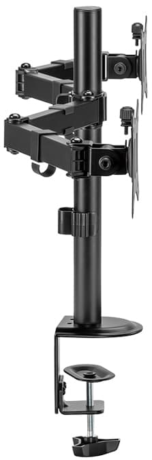 LogiLink dual monitor mount in black steel, adjustable for 17"-32" screens, featuring two articulated arms, cable management clips, and a sturdy clamp base for desk attachment.