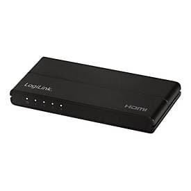 LogiLink HD0037 HDMI video splitter in a sleek black design, featuring four HDMI output ports and indicator lights on the front for easy connectivity.