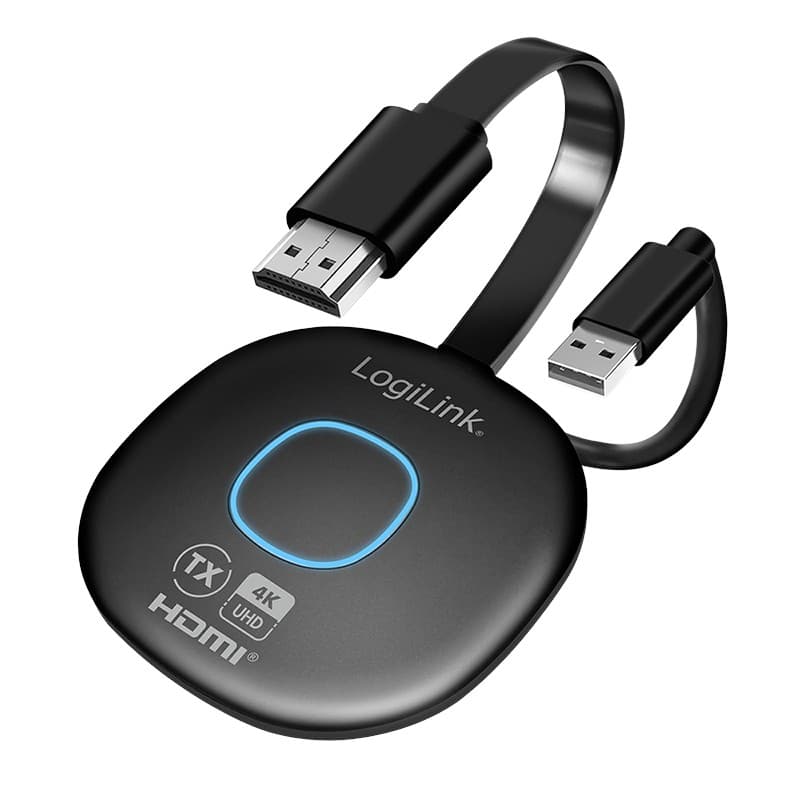 LogiLink HDMI BYOD transmitter in black with a circular blue LED indicator, featuring a USB connector and a compact design for wireless 4K streaming up to 50 meters.