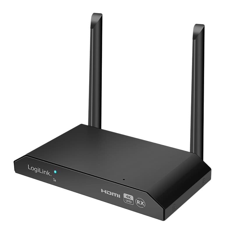 LogiLink HDW0103AR AV Extender in black with two antennas, featuring an HDMI port and a blue LED indicator, designed for 4K UHD video transmission.