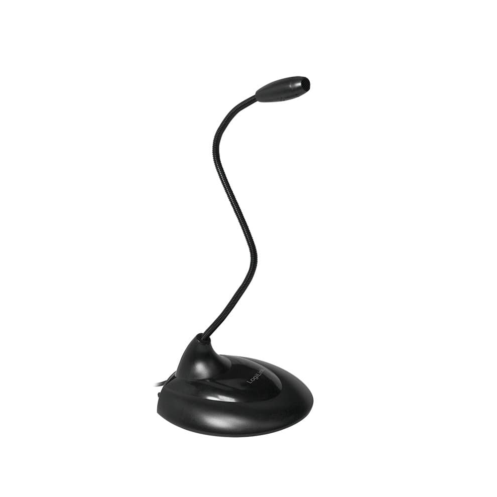 Black LogiLink HS0047 microphone with a flexible neck and a round base, designed for PC use, featuring a sleek, minimalist design.