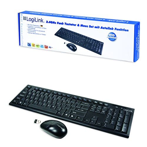 Wireless LogiLink ID0104 keyboard and mouse set in black, featuring a QWERTZ layout, sleek design, and a USB receiver for easy connectivity.