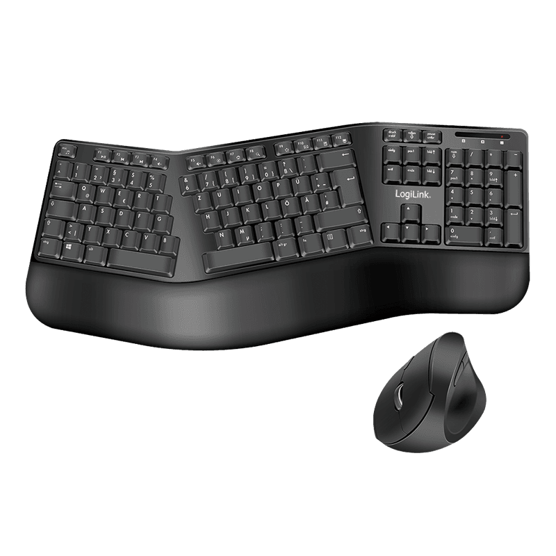 Wireless QWERTZ keyboard in black with an ergonomic design, featuring a curved layout and a matching black wireless mouse.