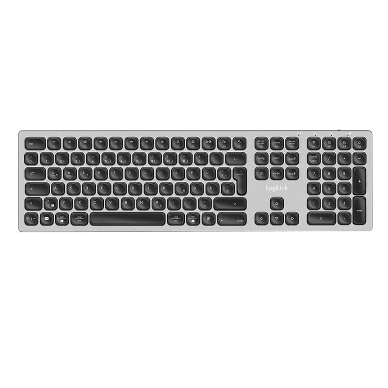 Wireless LogiLink ID0213 keyboard in silver with a sleek design, featuring a QWERTZ layout, rounded keys, and connectivity options for RF and Bluetooth.