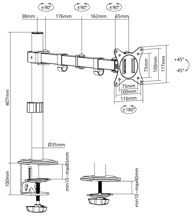 Black LogiLink BP0171 monitor desk mount with rotatable and height-adjustable features, featuring a sturdy clamp base and a sleek, modern design for optimal screen positioning.
