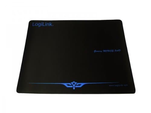 Black XXL mousepad with a smooth surface, featuring blue accents and the LogiLink logo, designed for gaming and graphic design use.