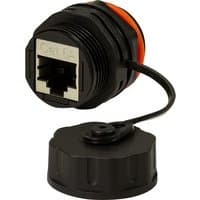 Black and orange LogiLink RJ-45 wire connector with protective cap and attached tether.