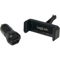 Black LogiLink PA0133 car charger with dual USB ports and smartphone holder attachment.